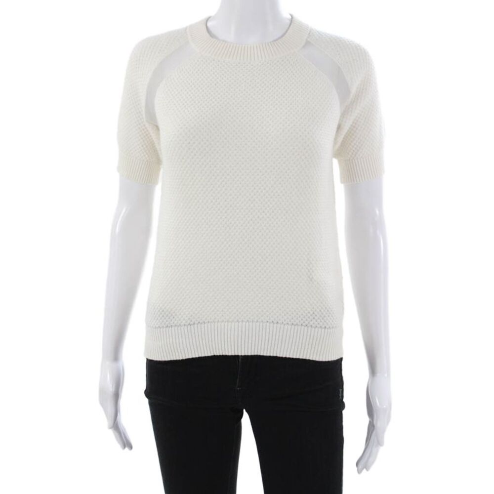 Misha Nonoo Women Pullover Sweater White Crew Neck Short Sleeve Size M